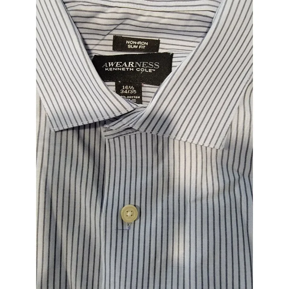 Men's Kenneth Cole Reaction Dress Shirt Size‎ 16.5 34-35 Regular Blue Striped